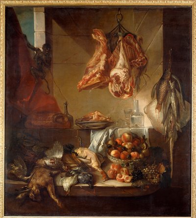ジビエ、果物、肉などの台所内部の静物画。フランソワ・デスポータス（1661-1743）作 18世紀 シャロン・シュル・マルヌ美術館蔵 作： Alexandre Francois Desportes
