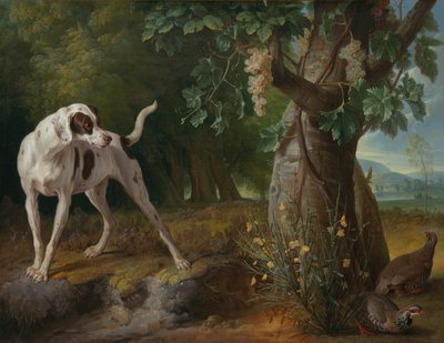 風景の中の犬のポインティングヤマウズラ 作： Alexandre Francois Desportes