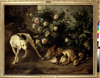 バラの茂みの近くでゲームをする犬 フランソワ・デスポータス（1661-1743）の絵画 1724年 日。1,07x1,38 m パリ、ルーヴル美術館 作： Alexandre Francois Desportes
