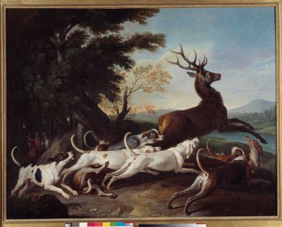 狩猟の様子"Debuche du deer" フランソワ・デスポータス（1661-1743）の絵画 1718年 日。1,1x1,45 m ルーアン、ボザール美術館（Musee des Beaux Arts 作： Alexandre Francois Desportes