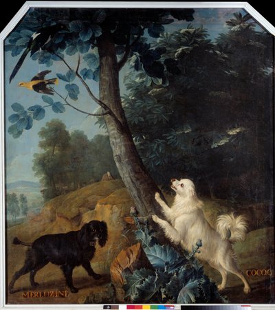 ルイ14世（1638-1715）の愛犬、メルルジーヌとココック。フランソワ・デスポータス（1661-1743）による絵画 作： Alexandre Francois Desportes