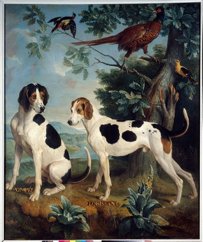 ルイ14世（1638-1715）の犬、ポンペイとフロリサン。フランソワ・デスポータス（1661-1743）による絵画 作： Alexandre Francois Desportes