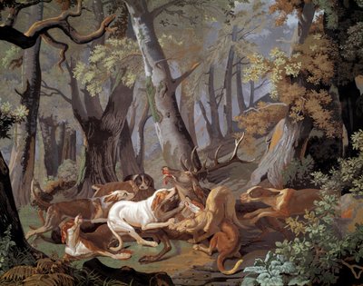 Alexandre-Francois Desportes (1661-1743)の絵画にちなんだStag Hunting Dussyの壁紙。1851.パリ、装飾美術 作： Alexandre Francois Desportes