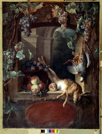 棚のある静物画 ぶどう、ペシェ、ゲーム（うさぎ、死んだ鳥） フランソワ・デスポータス（1661-1743）の絵画 18世紀 日1,17x0,88 m リヨン、ボザール美術館（Musee des Beaux Arts 作： Alexandre Francois Desportes