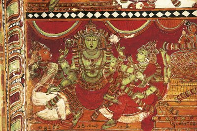 ヴィスヌ、インド、タミル・ナードゥ州チダンバラムのナタラヤ寺院のパールヴァティのための祠のシヴァの生涯を描いたフレスコ画の細部、5世紀 作： Nicolas Toussaint Charlet