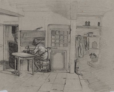 テーブルに男の子がいる農家のインテリアc。 1846年。 作： Alexandre Gabriel Decamps