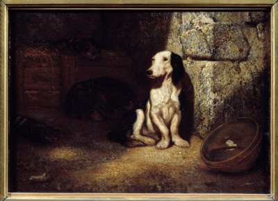 犬小屋にいる黒と白のバス犬。横には水の入ったボウルが置かれている。アレクサンドル・ガブリエル・デカン（1803-1860）による絵画 1849年 日0.25x0.35 m 作： Alexandre Gabriel Decamps