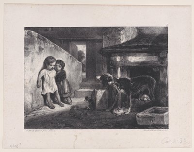 吠える犬に怯える子供たち、シリーズ「狩猟の場面」より、1829年。 作： Alexandre Gabriel Decamps