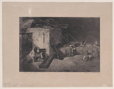 1829年のシリーズ狩猟シーンからの犬小屋の内部。 作： Alexandre Gabriel Decamps