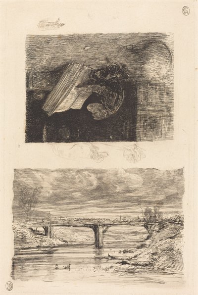 橋のある川の風景。 本をページングするサル 作： Alexandre Gabriel Decamps