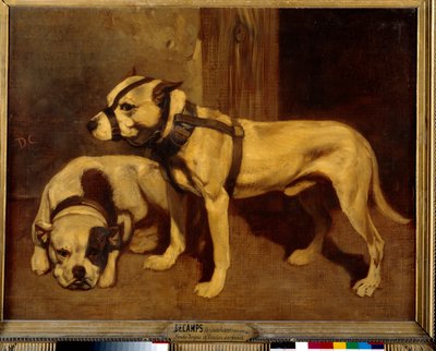 銃口のあるスコットランドのブルドッグとテリアの悪い犬。アレクサンドルガブリエルデカンプによる絵画 作： Alexandre Gabriel Decamps