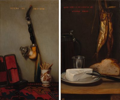 パイプとマッチのある静物とニシン、パン、チーズのある静物（ペア） 作： Alexandre Gabriel Decamps