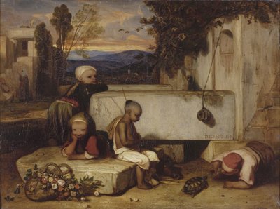 カメと遊んでいるトルコの子供たち 作： Alexandre Gabriel Decamps