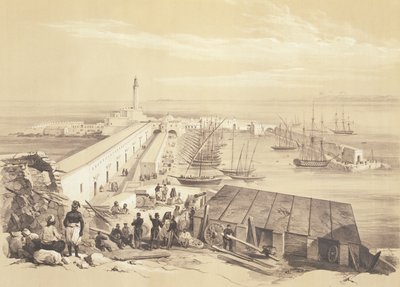 1830年にアルジェを占領したフランス遠征軍を記念した巻から、アドルフジャンバプティストバヨ（1810-66）によって刻まれた、アルジェの港と桟橋 作： Alexandre Genet