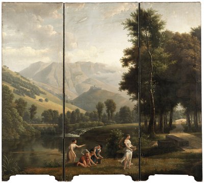 乙女が川の土手で花を集めているアルカディアンの風景、1801年を越える丘の上の城 作： Alexandre Hyacinthe Dunouy