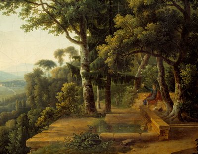 哲学者ジャン・ジャック・ルソー（1712-1778）が1770年にリヨン近郊のロシュコルドン公園で瞑想している様子 Detail.アレクサンドル・ハイカンテ・デュヌイ（1757-1841）による絵画 作： Alexandre Hyacinthe Dunouy