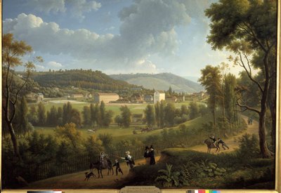 オーベルカンプフ（1738 - 1815）が1785年に設立した工場のあるジュイ・アン・ジョザス（Jouy-En-Josas）の村の風景。アレクサンドル・デュヌイ（1757-1841）の絵画 作： Alexandre Hyacinthe Dunouy