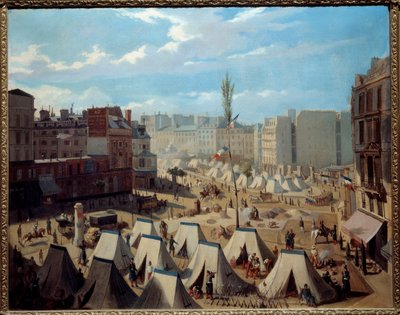1848年6月の日中、テンプル大通りにある部隊のキャンプ。1848年の革命期のパリの風景。アレクサンドル・ジョスカン（19世紀）の作品。キャンバスに油彩。薄さ：0.64 x 0.81m。パリ、カルナヴァレ美術館-大通りの軍隊の野営地 作： Alexandre Josquin
