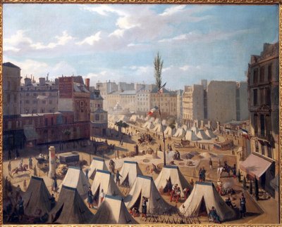1848年6月の日中、パリのテンプル大通りにある部隊のキャンプ。ジョスカン(?)の絵、油彩・キャンバス、フランス美術 作： Alexandre Josquin