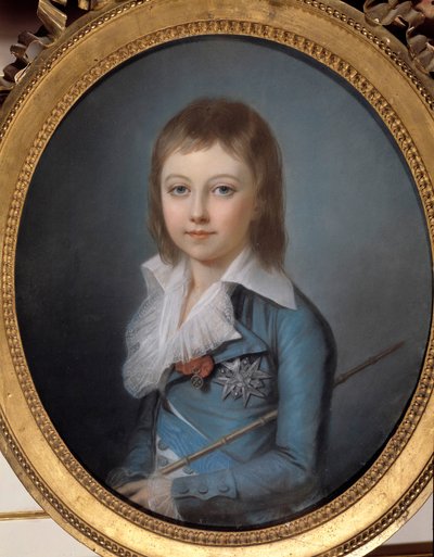 イルカの姿で描かれたルイ17世（1785年～1795年）の肖像 アレクサンダー・クチャルスキー（1741年～1819年）のパステル画。薄さ0.62 x 0.52 m。ヴェルサイユ宮殿、ヴェルサイユ宮殿とトリアノンの城 作： Alexandre Kucharski