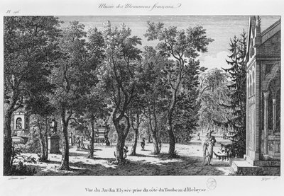 ローランギュヨ（1756-1806）によって彫刻された、パリ、フランソワ美術館、ヘリーズとアベラールの墓からエリゼ庭園の眺め 作： Alexandre Marie Lenoir