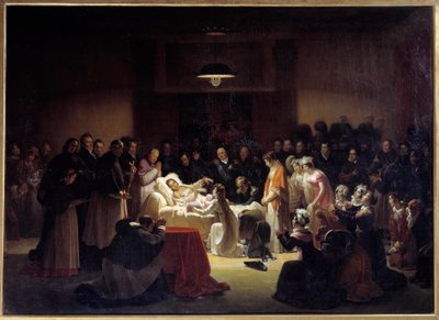 パリ・オペラ座でのベリー公爵（1778-1820）の最期の瞬間、ルイ18世と王室の人々に囲まれて。アレクサンドル・メンジョー（1773 - 1832）による絵画 作： Alexandre Menjaud