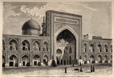 イマーム・アリー・リザ・ア・マシュハドのモスクの内部中庭。1858年のホラーサーン（Khorasan、Chorasan、Khurasan）への旅を説明するためにA.de Barが描いたもので、N.de Khanikofによるもの。1861年の「Le tour du monde」に掲載されたエングレーヴィング。セルバのコレクション。 作： Alexandre de (after) Bar