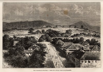 Rue et barracks de Freetown, Sierra Leone（シエラレオネ、フリータウンの兵舎）、A. de Barの図面に基づくエングレーヴィング、副提督Fleuriot de Langlesによる1868年のCôte d