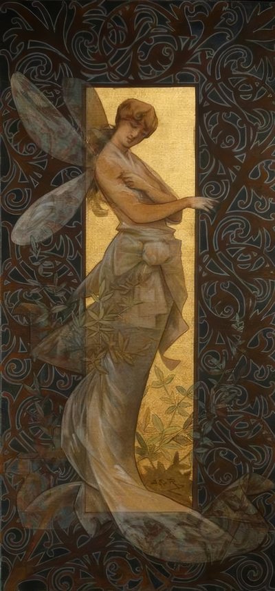 日の出に翼のある天女がいる構図 作： Alexandre de Riquer