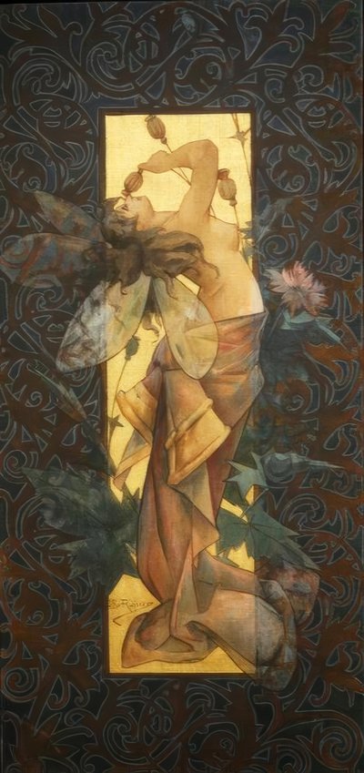 日の出に翼のある天女がいる構図 作： Alexandre de Riquer