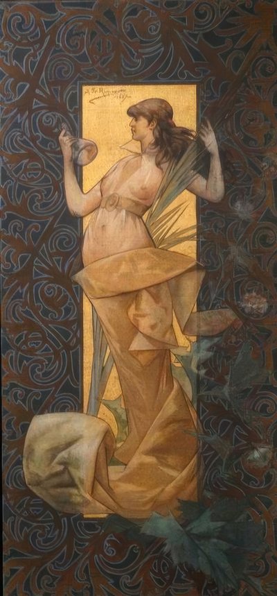日の出に翼のある天女がいる構図 作： Alexandre de Riquer