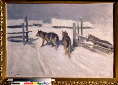 オオカミ、冬の夜 (オオカミ、冬の夜) - Alexei Stepanovich Stepanov (1858-1923) による絵画、キャンバスに油彩、1910 年頃、ロシア美術、20 世紀初頭 - 個人蔵 作： Alexei Steipanovitch Stepanov