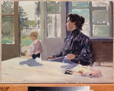 テラスで - Alexander Stepanovich Stepanov (1858-1923) による絵画、キャンバスに油彩、ロシア美術、19 世紀後半から 20 世紀初頭、モダニズム - 国立美術館、ニジニ ノヴゴロド (ロシア) 作： Alexei Steipanovitch Stepanov