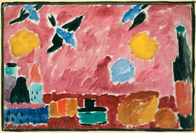 赤いツバメ模様の壁紙 - Alexei von Javlensky (1864-1941) の絵画、ボール紙に油彩 作： Alexej von Jawlensky