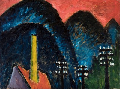 青い山々黄色い煙突のある風景、1912年。 作： Alexej von Jawlensky