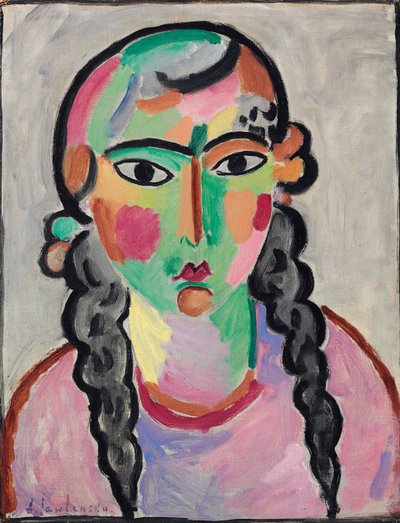 La fille pale aux tresses grises - The Pale Girl with Grey Pigtails, Alexej von Jawlensky (Javlensky) (1864-1941)作。紙に油彩、1916年頃。寸法：63,5x49,5 cm。個人蔵 作： Alexej von Jawlensky