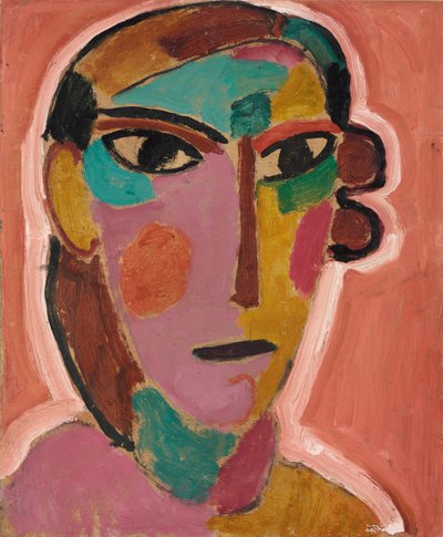 神秘的な頭：赤い背景の女性の頭、1917年頃 作： Alexej von Jawlensky