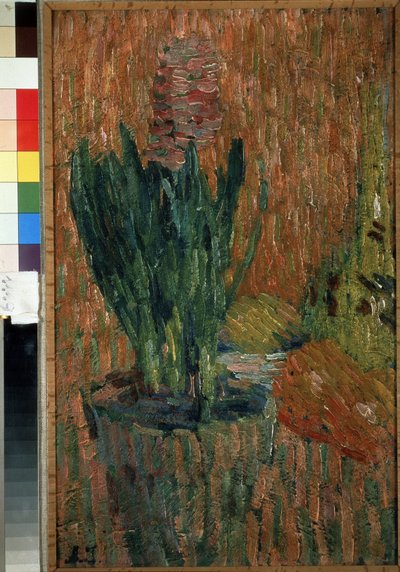 自然死 (静物)。 テーブルの隅に置かれた鉢植えの花。 Alexei von Javlensky (Alexi von Jawlensky, Alexej von Javlenski) (1864-1941) の作品、ボール紙に油彩 作： Alexej von Jawlensky