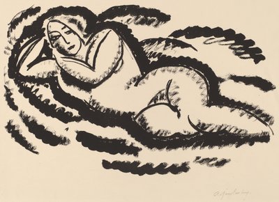 リクライニングヌード、c.1912（敷設紙に黒のリトグラフ） 作： Alexej von Jawlensky