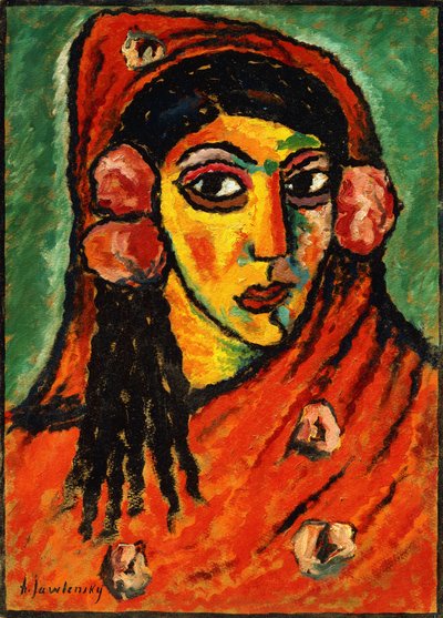 赤いスカーフを持つスペインの女の子。赤いスカーフを身に着けたスペインの女性、1912年頃 作： Alexej von Jawlensky