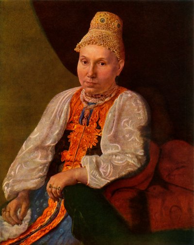 1830年代、1965年、ルシェフ出身の商人、オブラツォフの妻の肖像。 作： Alexey Venetsianov