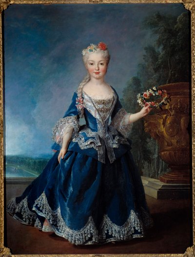 ヴェルサイユのスイス人の水の前でのスペイン皇太子マリー・アンヌ・ヴィクトワール（1718-1781）の足元の肖像 アレクシス・シモン・ベル（1674-1734）の絵画 1725年 Sun.0,99x1,04 m 作： Alexis Simon Belle