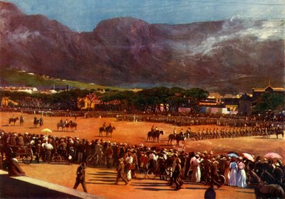「1901 年 1 月 12 日、ケープタウンのパレード グラウンドでのケープタウン ガードの召集」、1901 年 作： Alf S Hosking
