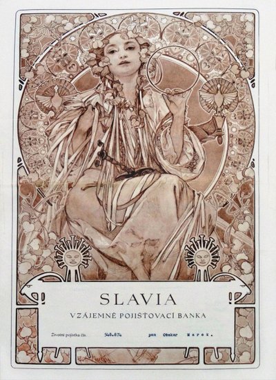 Slavia Insurance Company の保険証券、1942 年。 作： Alfons Marie Mucha