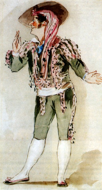 カルロ・ズッケリ（1793-1879）イタリアのバス、オペラ「セビリアの理髪師」フィガロ役、ジョアッキーノ・ロッシーニ作、水彩画 作： Alfred Edward Chalon