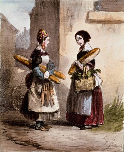 Small metiers: パン屋さん。若い歩くパン商人。アルフレッド・アンドレ・ジェニオール（1813-1861）のプリント、「パリの女たち」1841-1842年より パリ、カルナヴァレ美術館蔵 作： Alfred Andre Geniole