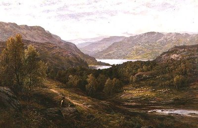 ハイランドの風景の中で犬を連れたシェパード・ボーイ 作： Alfred Augustus Glendening