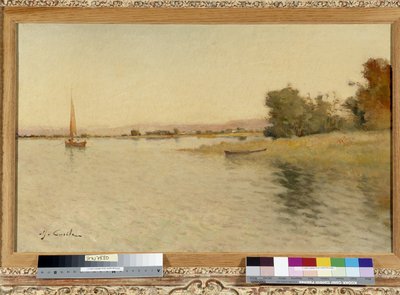 湖岸のボートと帆船 アルフレッド・カジーレ (1848-1909) による絵画 20 世紀 必須の言及: マルセイユのプロヴァンスに関するコレクション財団 作： Alfred Casile