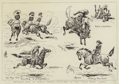 アールズコートのバッファロー・ビル、"ワイルド・ウェスト "アリーナでのスケッチ（エングレービング 作： Alfred Chantrey Corbould