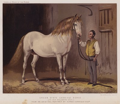 女王陛下の血統を受け継ぐクリーム色の馬車馬（カラーリトグラフ 作： Alfred Chantrey Corbould